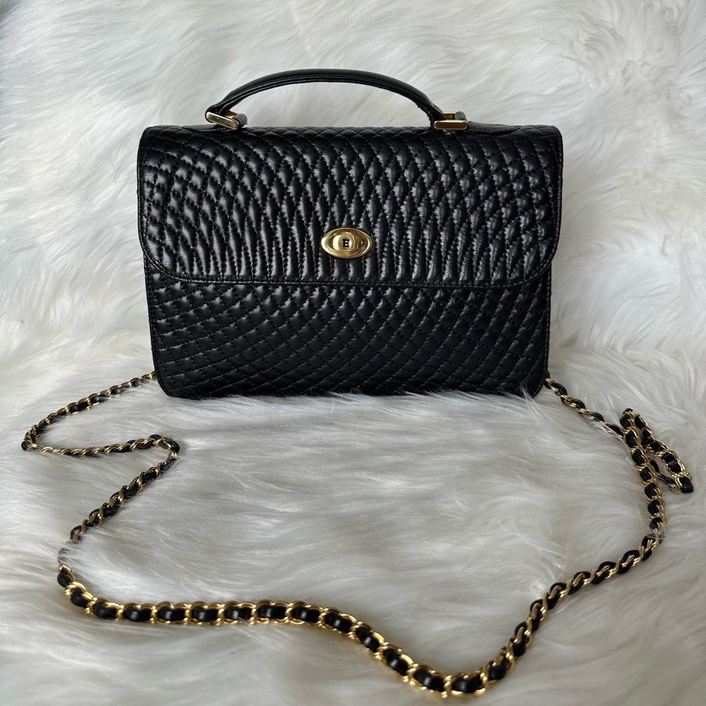 BALLY Authentic Vintage Quilted Black Lamb Skin Leather Chain Link Crossbody Bag